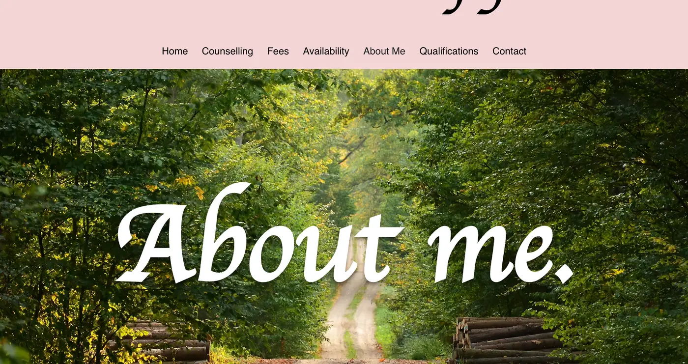 The original Cotgrove Counselling About me page with a forest banner and centred paragraphs