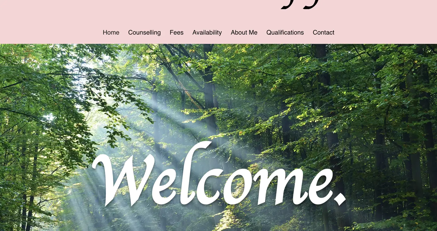 The original Cotgrove Counselling homepage with a script title, a pink background and a forest banner reading Welcome