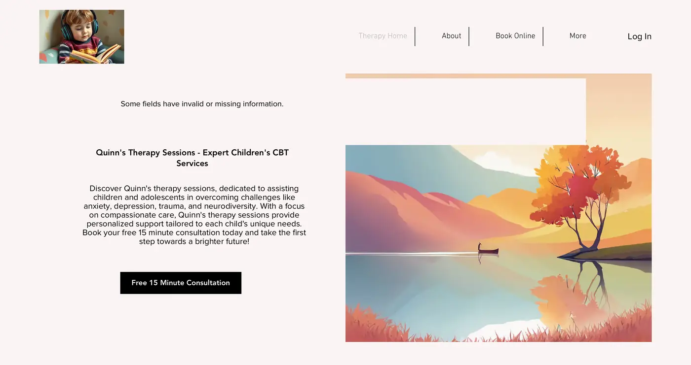 The earlier Quinn's Therapy homepage with a small logo image, black panels and a landscape illustration