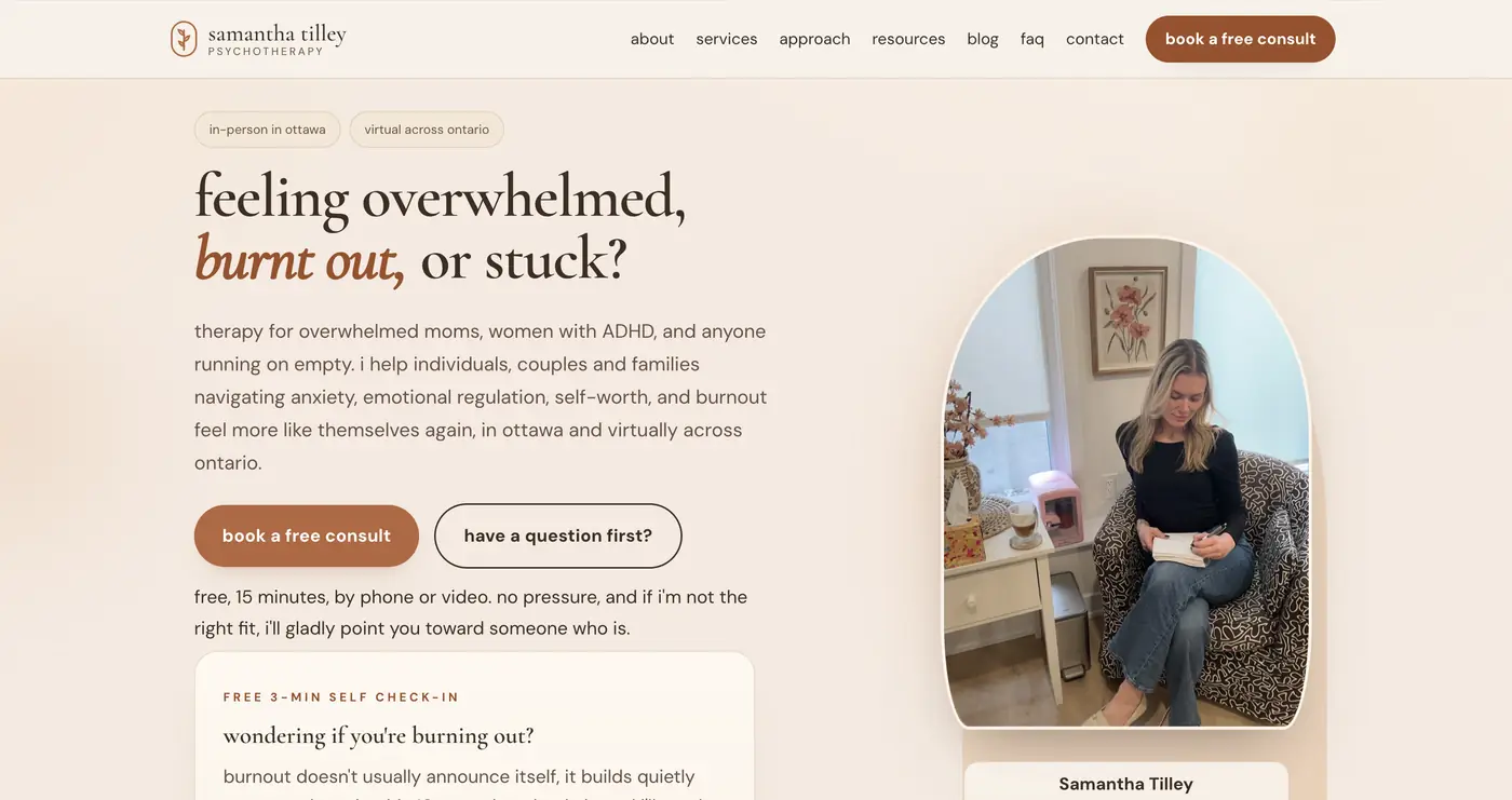 Homepage of Samantha Tilley Psychotherapy with the headline 'feeling overwhelmed, burnt out, or stuck?' and a portrait in an arched frame