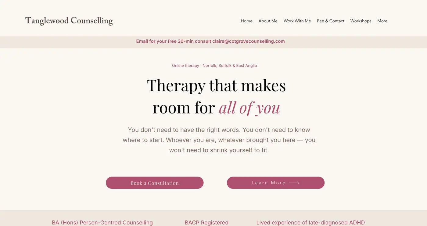 Homepage of Tanglewood Counselling with the headline 'Therapy that makes room for all of you' and a row of credentials