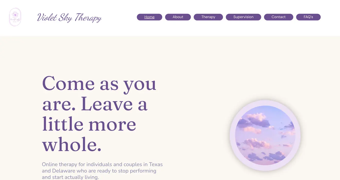 Homepage of Violet Sky Therapy with a purple script logo, the headline 'Come as you are. Leave a little more whole.' and a round cloud image